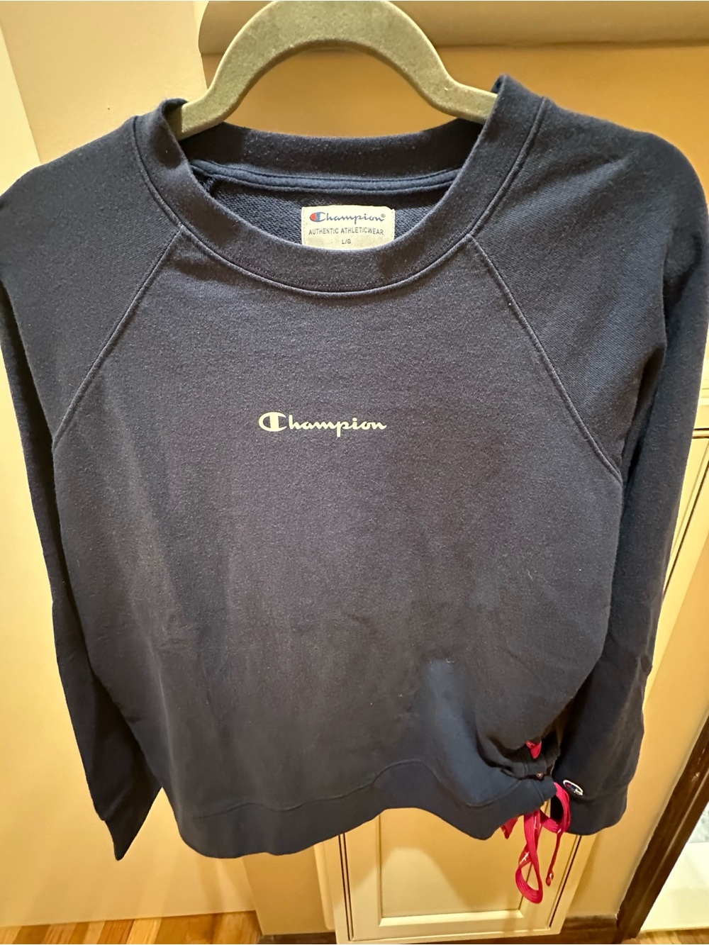Champion Navy Crewneck Sweatshirt with Script Logo and side pink drawstring L